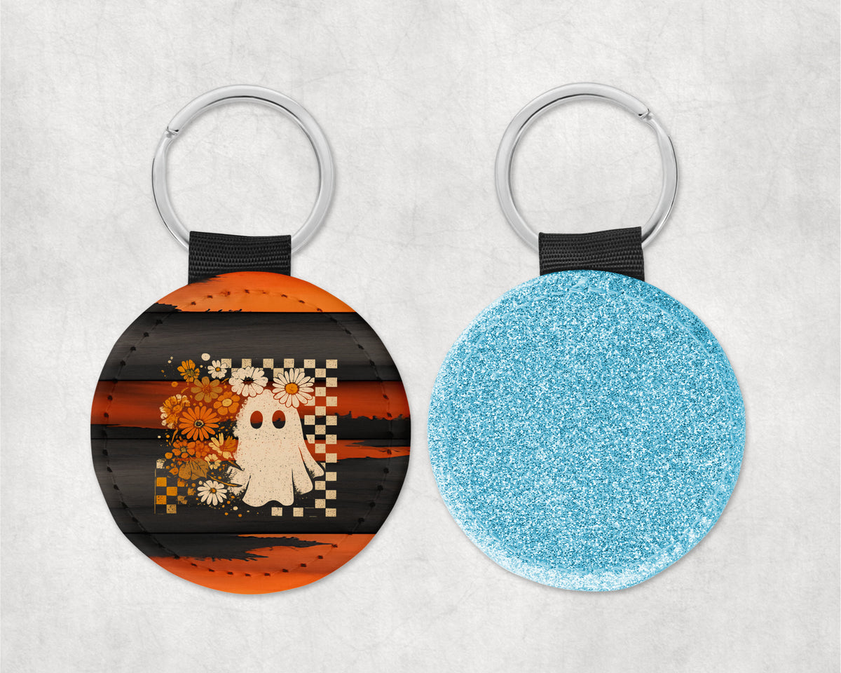 Floral Boho Ghost Round Sparkly Key Chain
