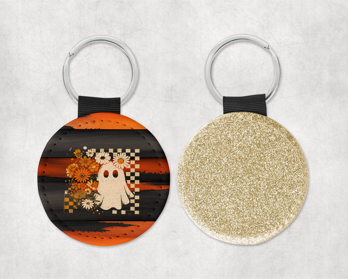 Floral Boho Ghost Round Sparkly Key Chain