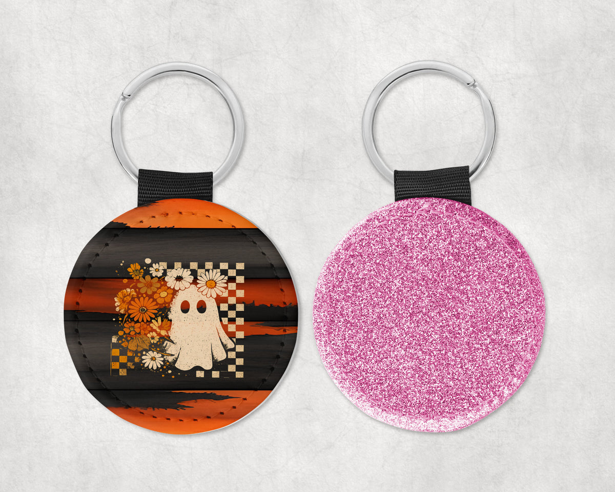 Floral Boho Ghost Round Sparkly Key Chain