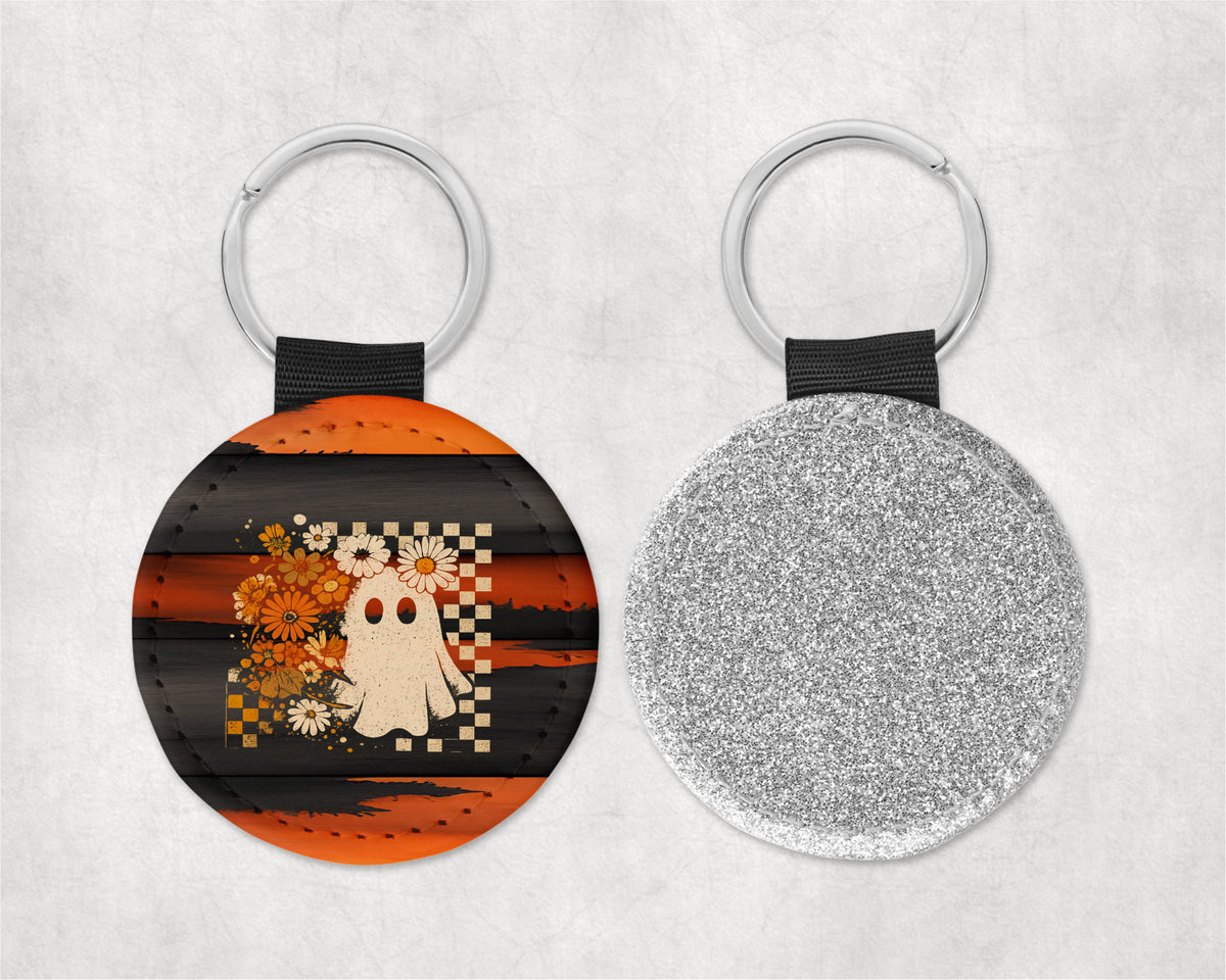 Floral Boho Ghost Round Sparkly Key Chain