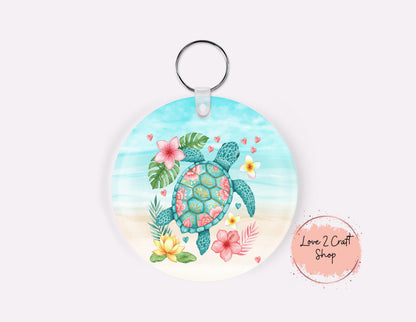 Floral Sea Turtle Acrylic Round Key Chain