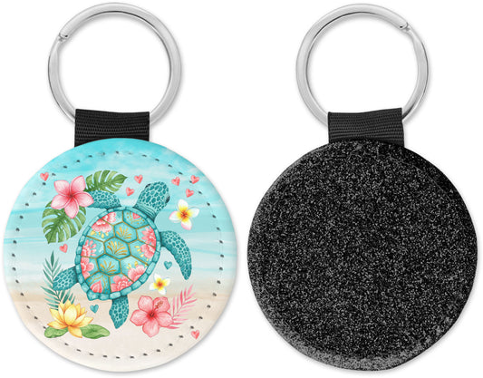 Floral Sea Turtle Round Sparkly Key chain