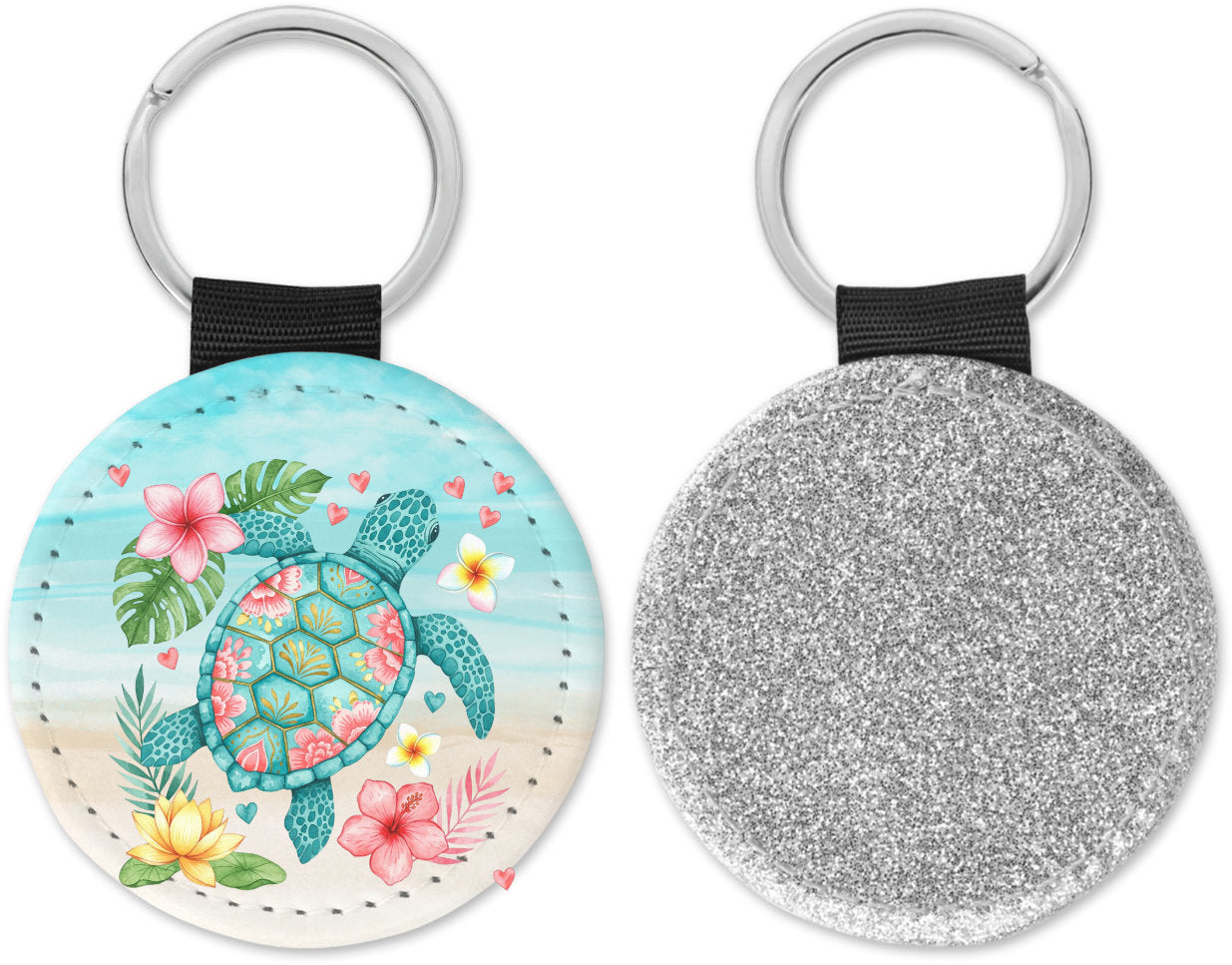 Floral Sea Turtle Round Sparkly Key chain