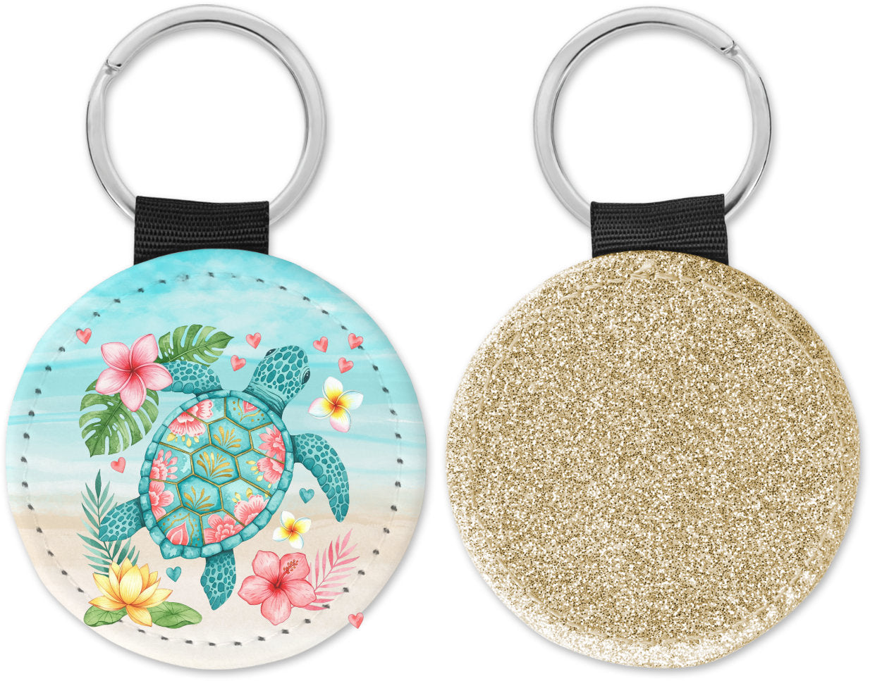 Floral Sea Turtle Round Sparkly Key chain