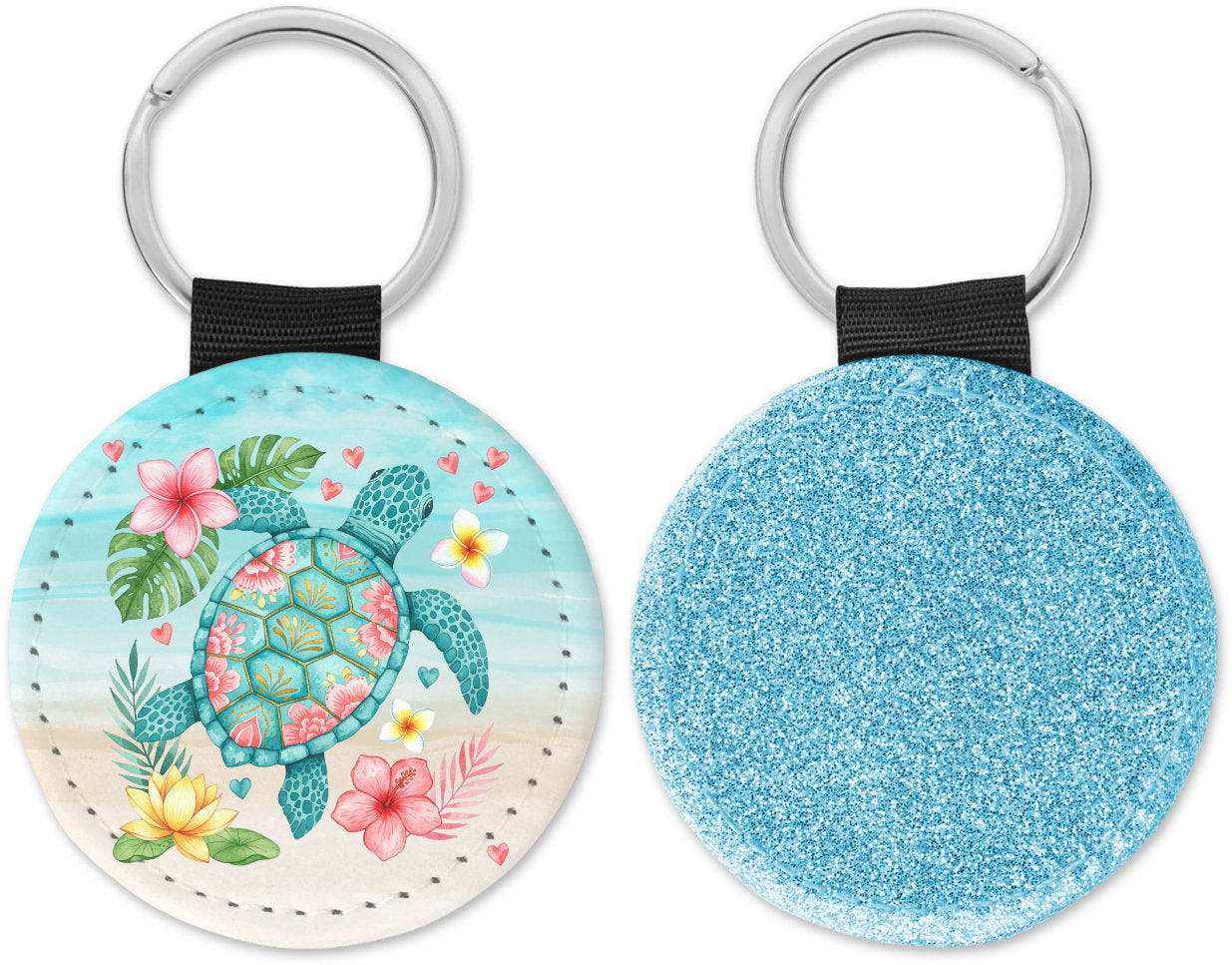 Floral Sea Turtle Round Sparkly Key chain