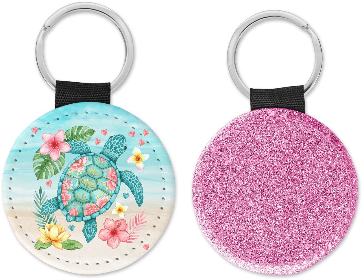 Floral Sea Turtle Round Sparkly Key chain
