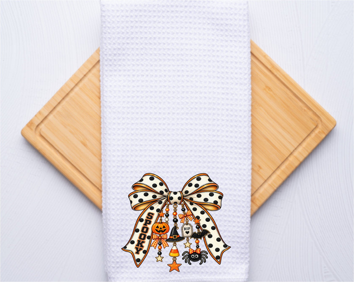 Halloween Coquette Bow with cute charms - Waffle Tea Towel