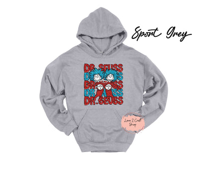 Dr Seuss Stacked with Thing 1 and Thing 2 - Faux Glitter - Cat in the Hat Hoodie