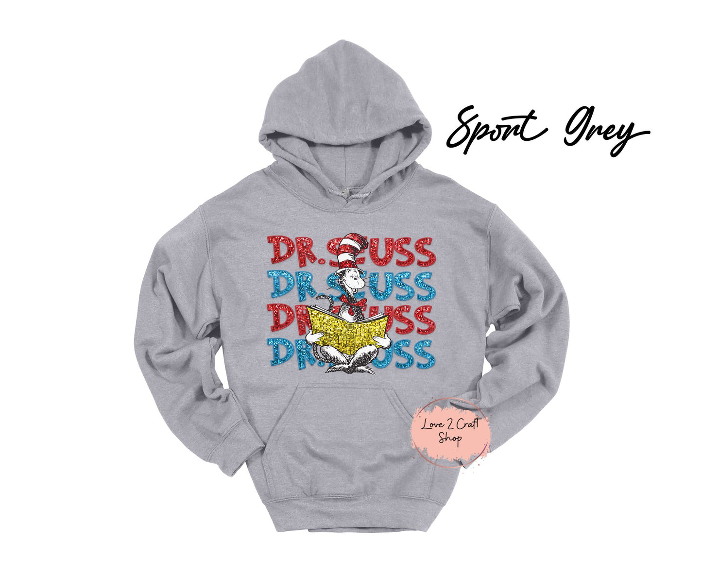 Stacked Dr Seuss reading - Faux Glitter  Cat in the Hat Hoodie