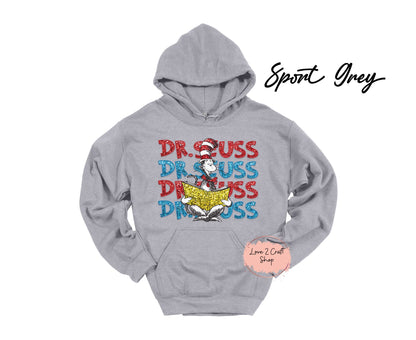 Stacked Dr Seuss reading - Faux Glitter  Cat in the Hat Hoodie