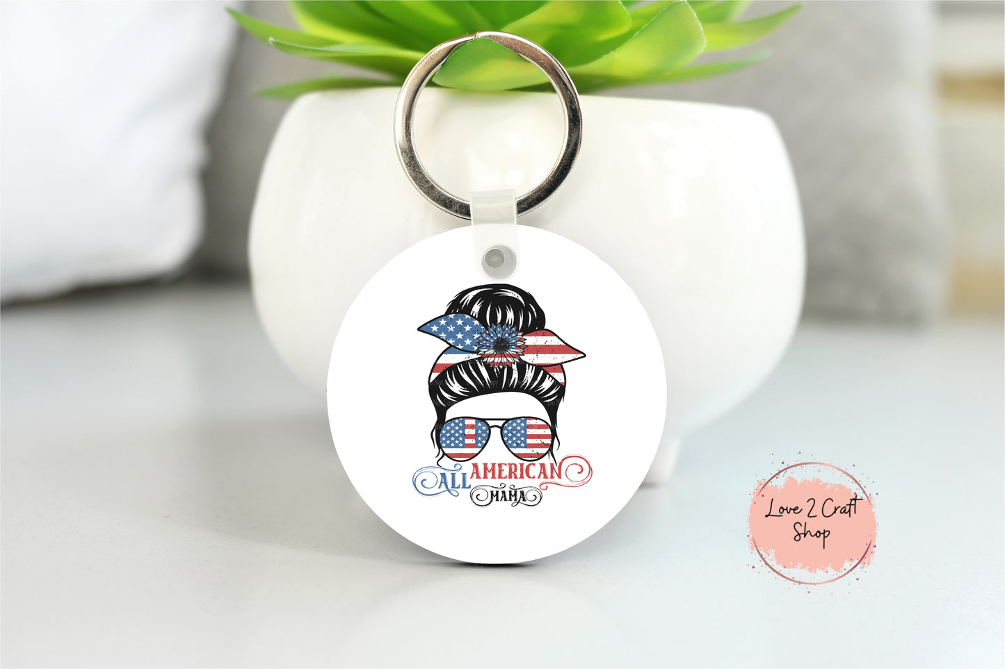 A Messy Bun Lady Keychain With Patriotic Sunglasses All American Mama Fourth Of July USA Pride Keyring For Moms