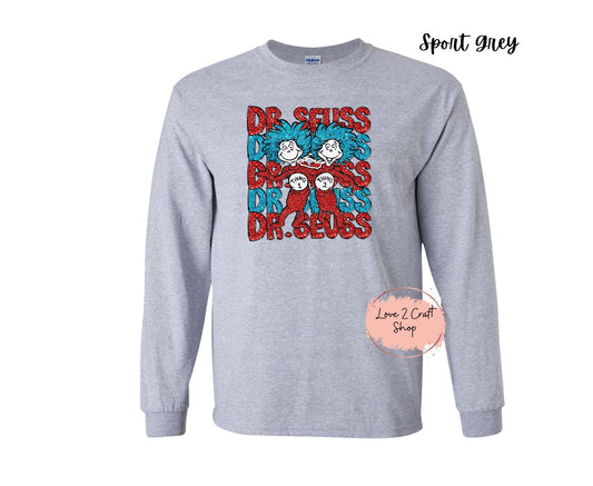 Dr Seuss Stacked with Thing 1 and Thing 2 - Faux Glitter   - Cat in the Hat Long Sleeve