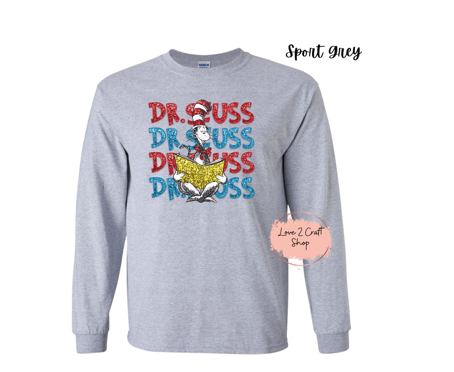 Stacked Dr Seuss reading - Faux Glitter Cat in the Hat Long Sleeve