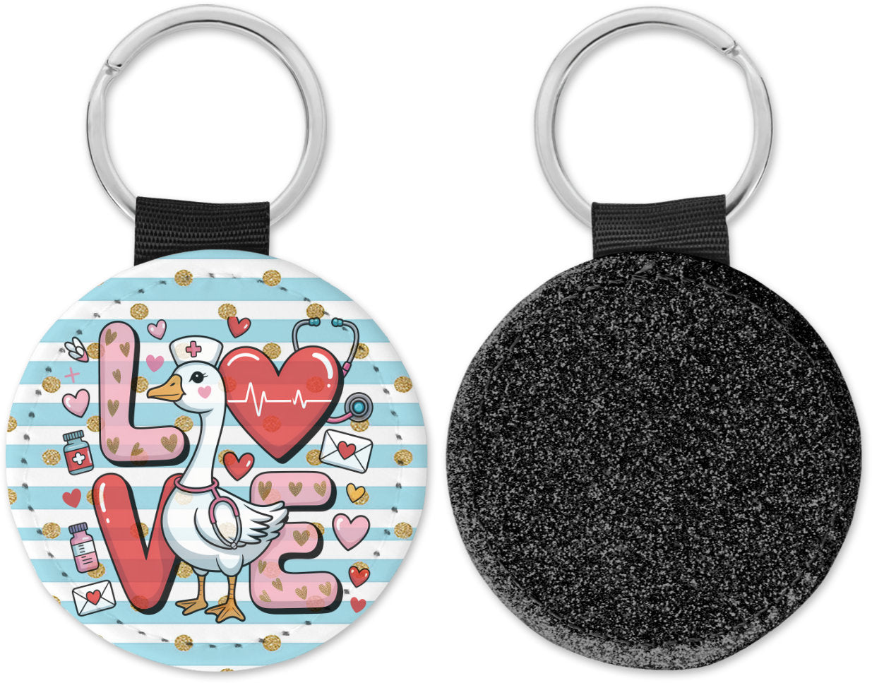 Love Valentine Nurse Goose Round Sparkly Key Chain