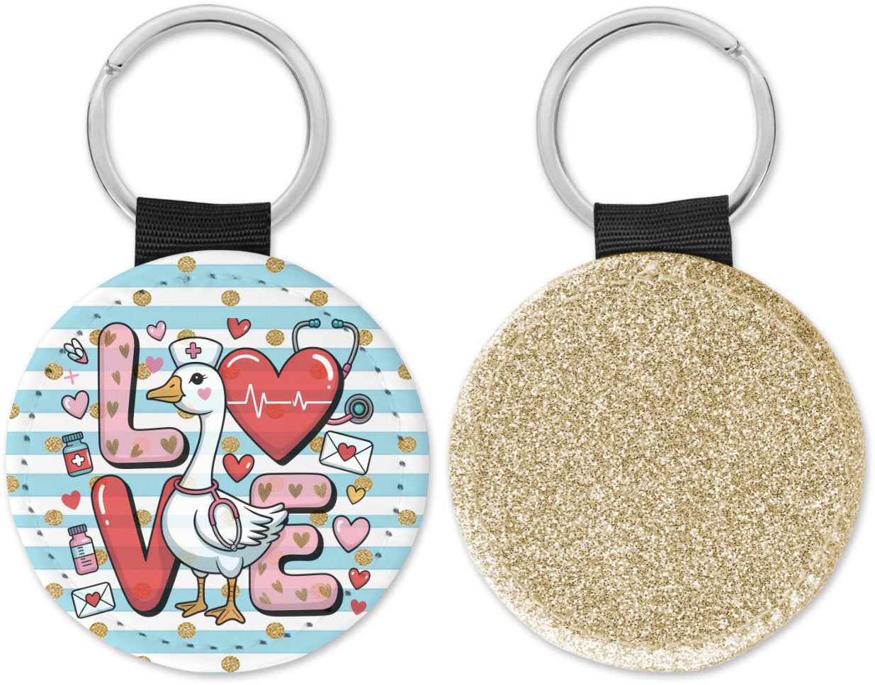 Love Valentine Nurse Goose Round Sparkly Key Chain