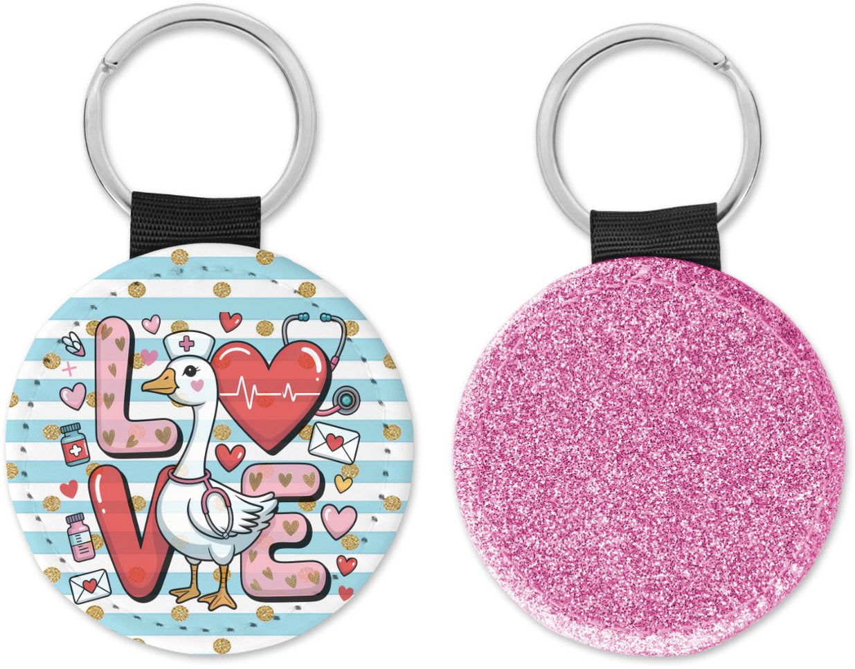Love Valentine Nurse Goose Round Sparkly Key Chain