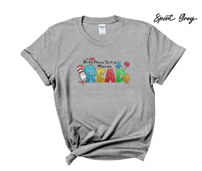 Oh the places you will go when you Read - Faux Glitter - Cat in the Hat T-Shirt