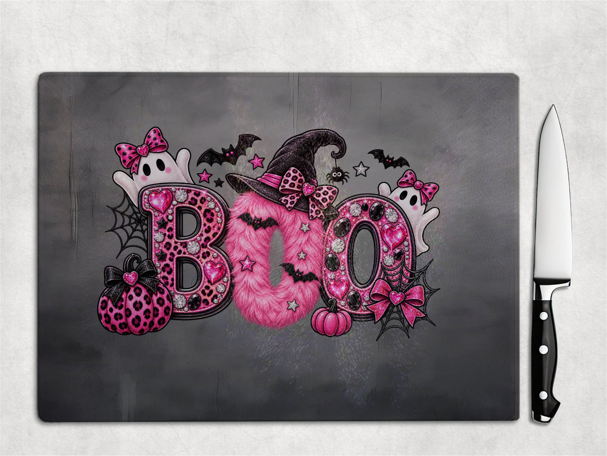 Pink BOO Halloween Glass Cutting Board