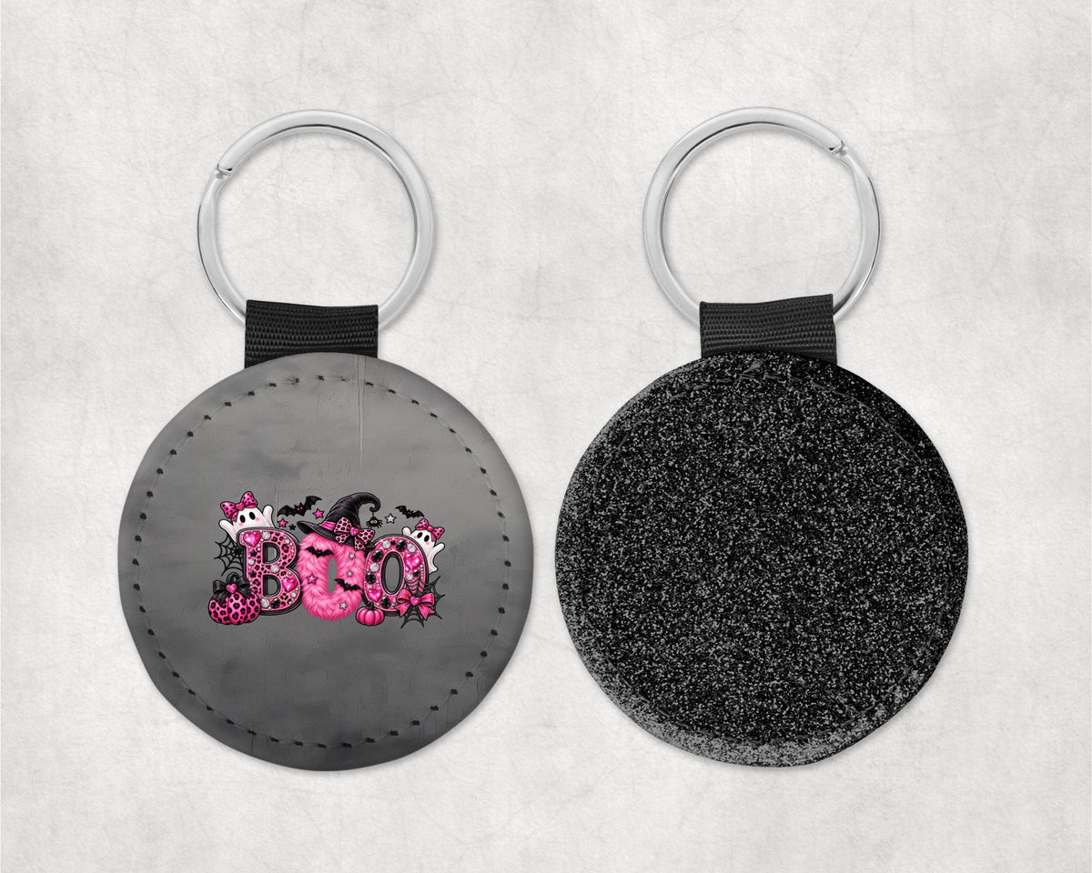 Pink BOO Halloween Round Sparkly Key Chain