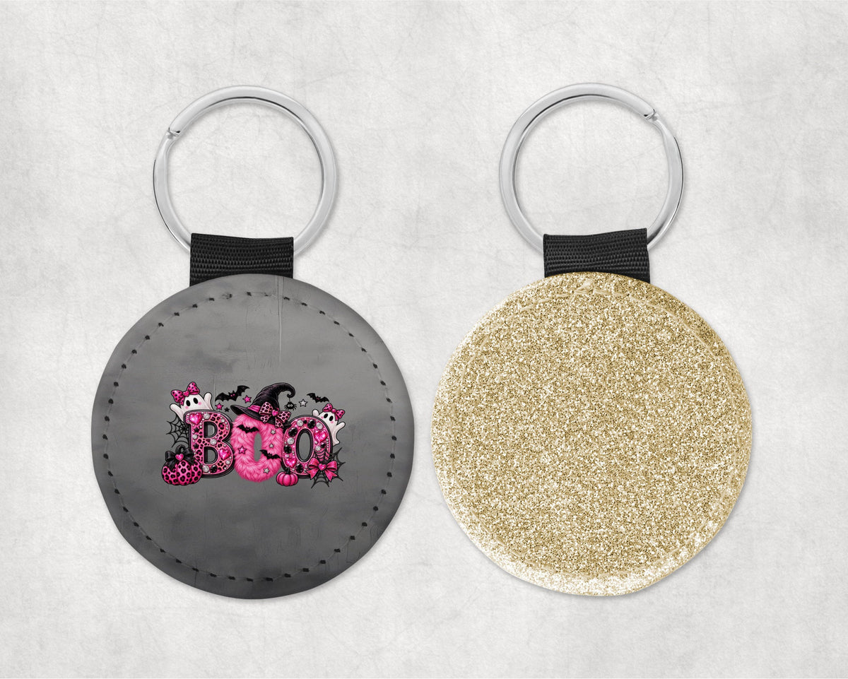 Pink BOO Halloween Round Sparkly Key Chain