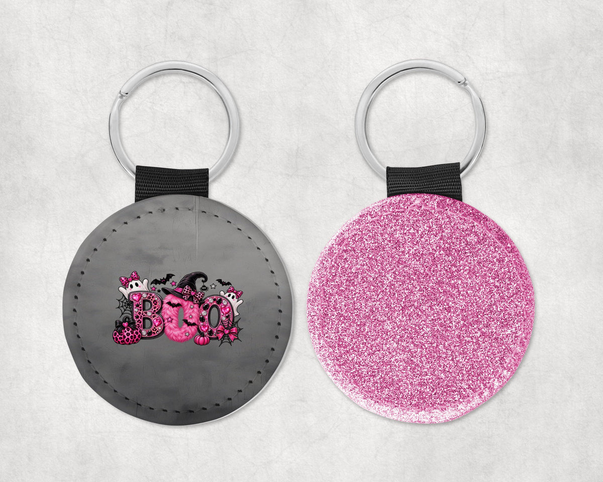 Pink BOO Halloween Round Sparkly Key Chain