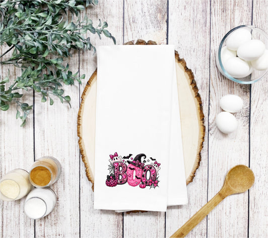 Pink BOO Halloween Tea Towel