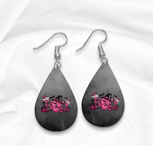 Pink BOO Halloween Teardrop Earrings