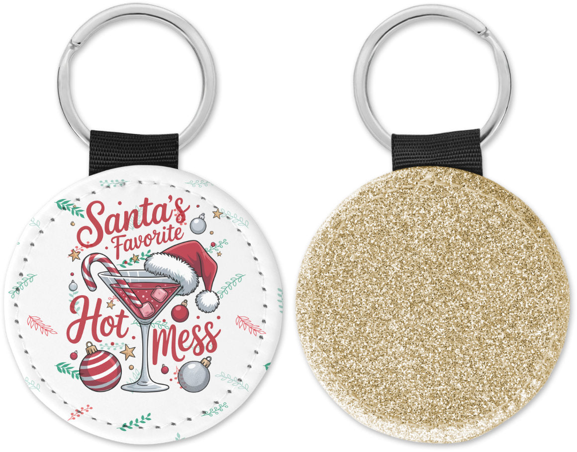 Santa's Favorite Hot Mess Round Sparkly Key Chain