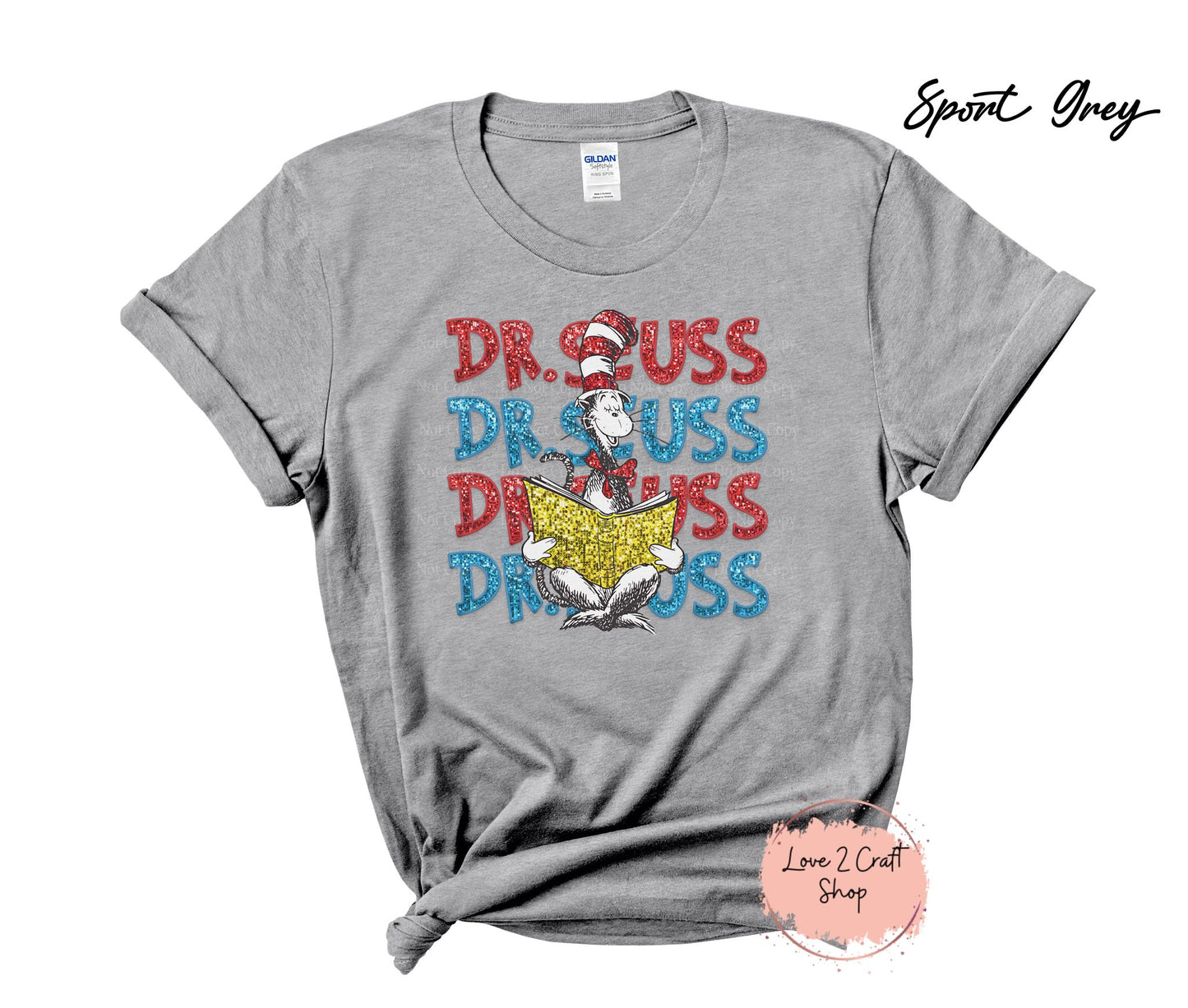 Stacked Dr Seuss reading - Faux Glitter Cat in the Hat T-Shirt