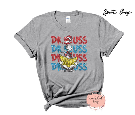 Stacked Dr Seuss reading - Faux Glitter Cat in the Hat T-Shirt