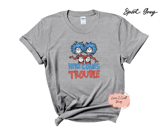 Here comes trouble Thing 1 and Thing 2 - Faux Glitter  - Cat in the Hat T-Shirt