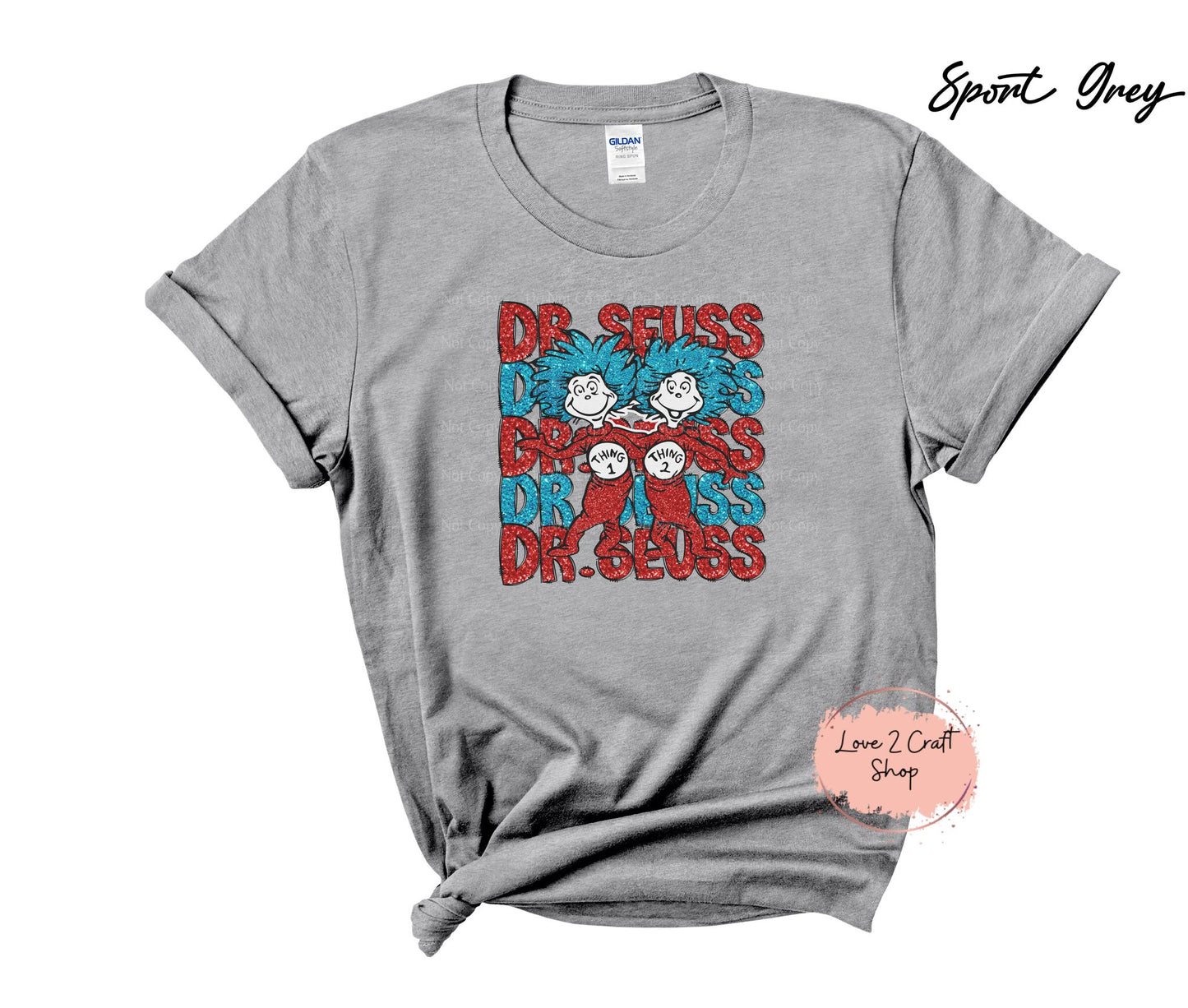 Dr Seuss Stacked with Thing 1 and Thing 2 - Faux Glitter - Cat in the Hat T-Shirt