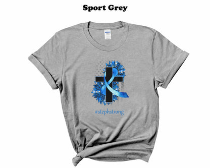 Colon Cancer Floral Cross with faux glitter stars Tee
