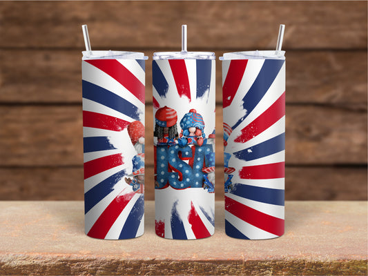 USA Gnomes with spiral white white and blue stripes 20 oz or 30 oz Tumbler