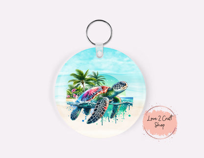 Watercolor Vibrant Sea Turtle Acrylic Round Key Chain