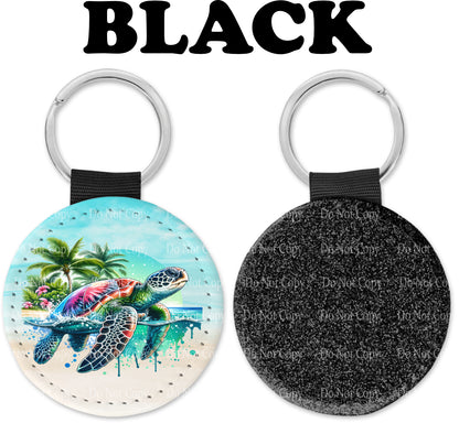 Watercolor vibrant Sea Turtle Round Sparkly Key chain