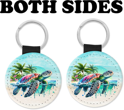 Watercolor vibrant Sea Turtle Round Sparkly Key chain