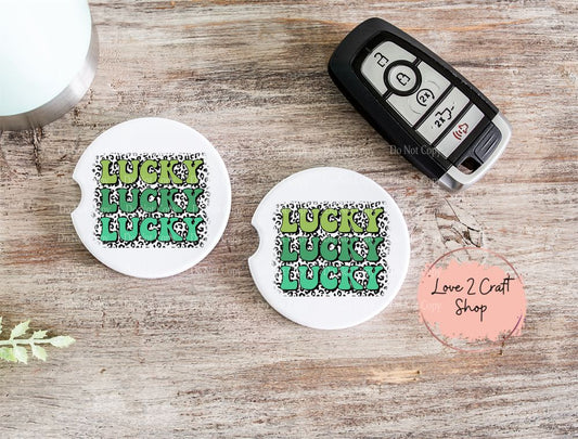 Lucky stacked with Leopard print St. Patrick's Day Car Coasters