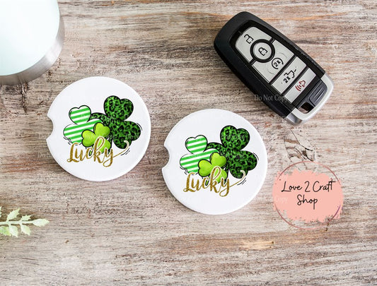 Four Leaf Clover with Faux Glitter Lucky St. Patrick's Day Car Coasters