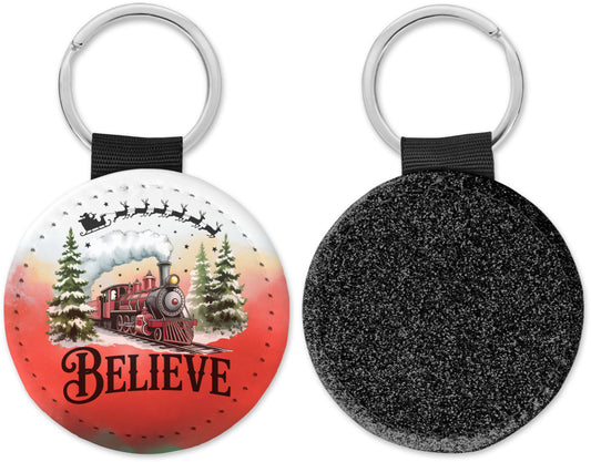 Believe North Pole train Round Sparkly Key Chain