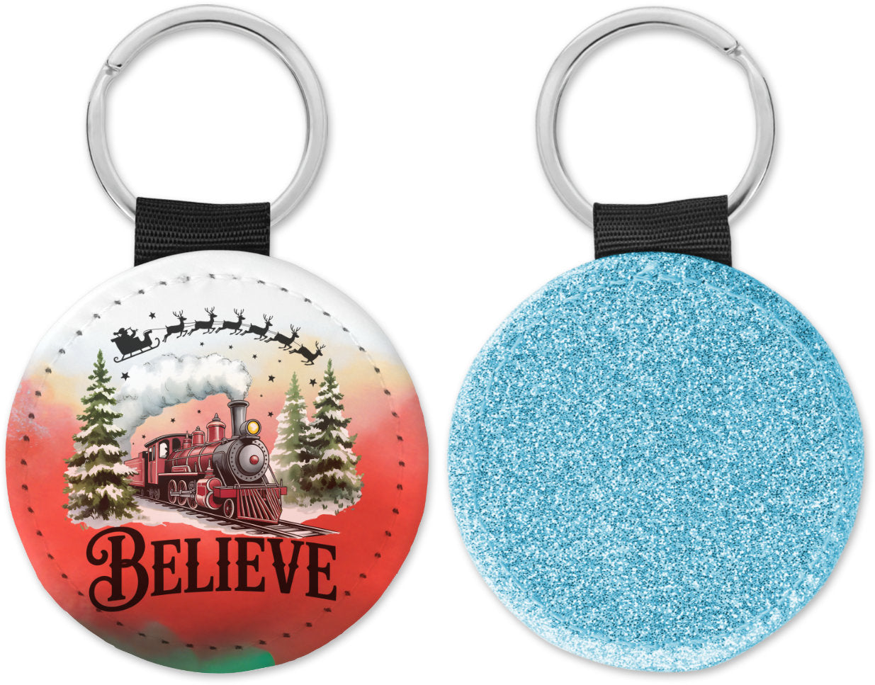 Believe North Pole train Round Sparkly Key Chain