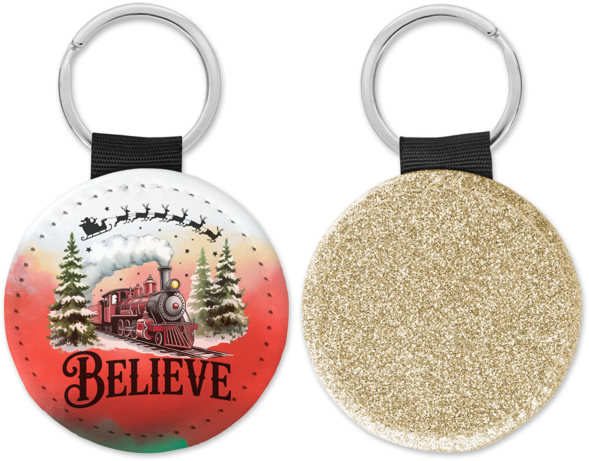 Believe North Pole train Round Sparkly Key Chain