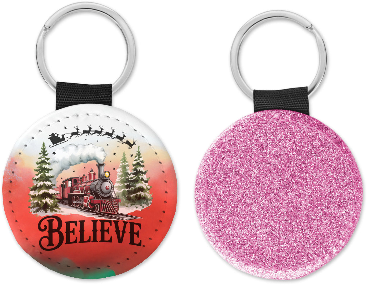 Believe North Pole train Round Sparkly Key Chain