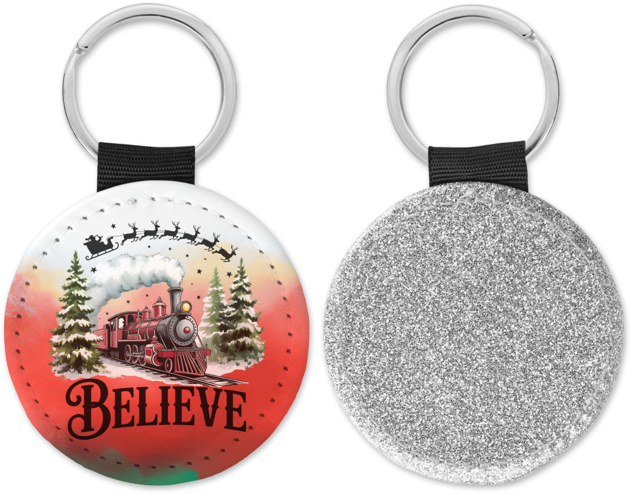 Believe North Pole train Round Sparkly Key Chain