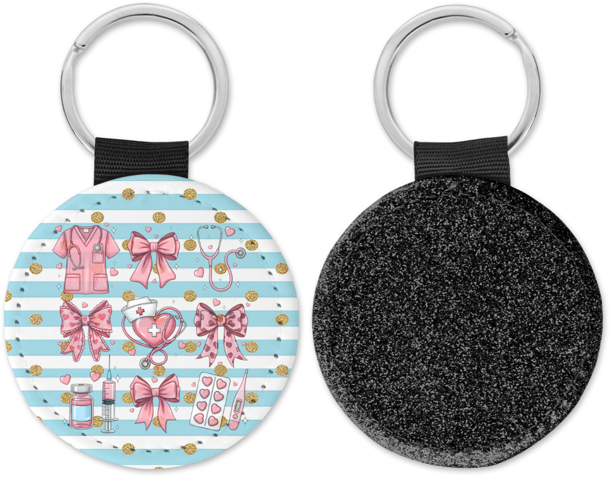 Cute Nurse Coquette Valentines Round Sparkly Key Chain