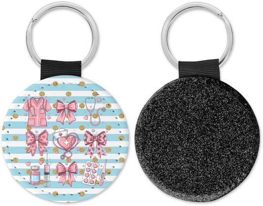 Cute Nurse Coquette Valentines Round Sparkly Key Chain