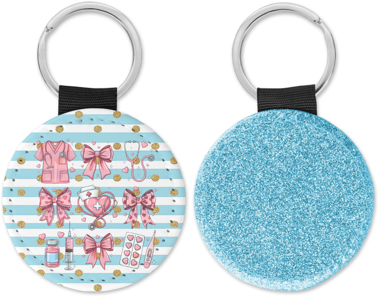 Cute Nurse Coquette Valentines Round Sparkly Key Chain