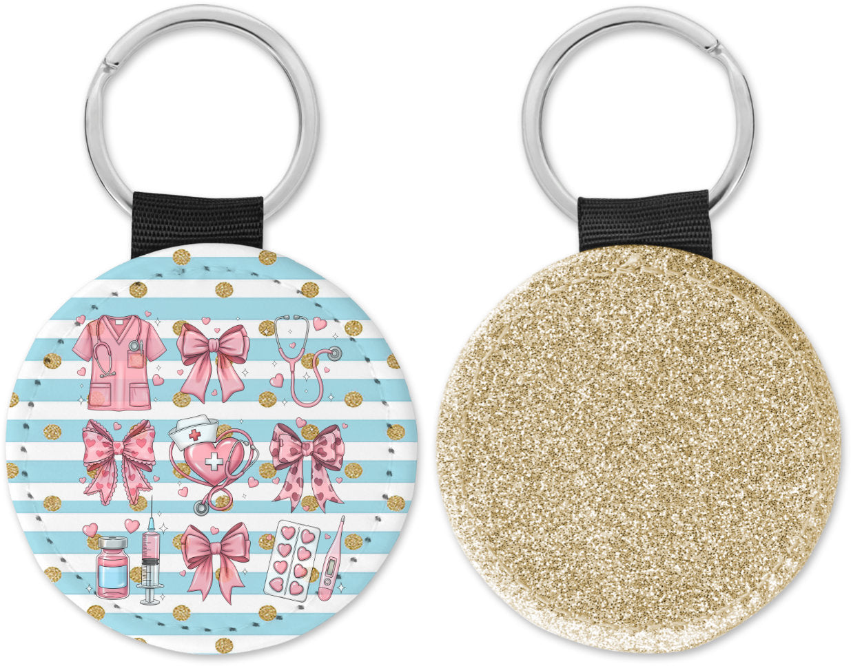 Cute Nurse Coquette Valentines Round Sparkly Key Chain