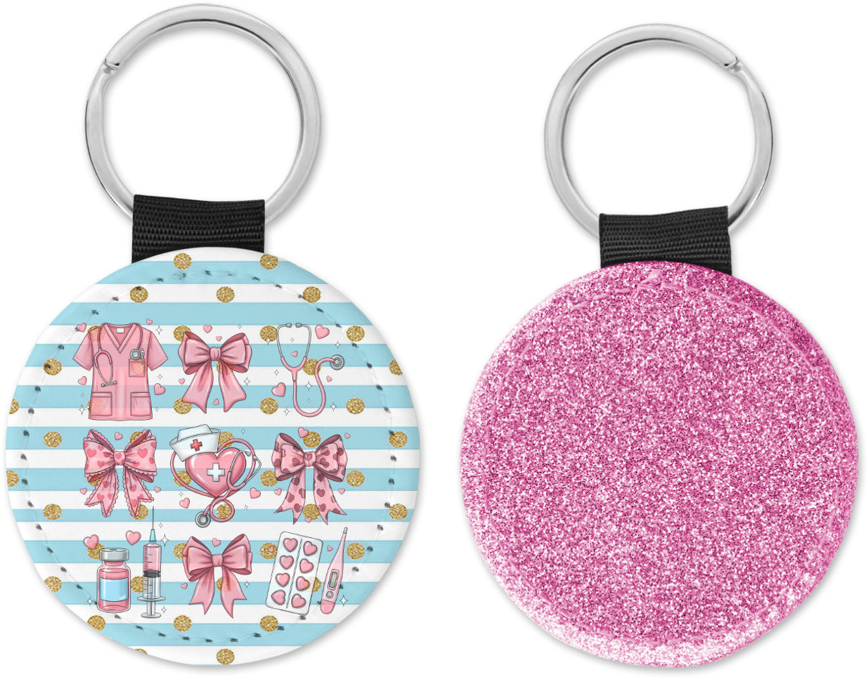 Cute Nurse Coquette Valentines Round Sparkly Key Chain