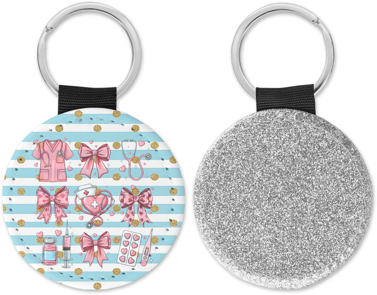 Cute Nurse Coquette Valentines Round Sparkly Key Chain